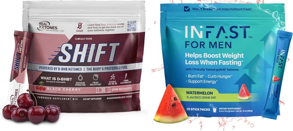Real Ketones Intermittent Fasting Drink Mix Bundle for Weight Loss Support Black Cherry Shift Electrolytes ' Intermittent Fasting Electrolytes for Men with BHB Exogenous Ketones (30 Count each)