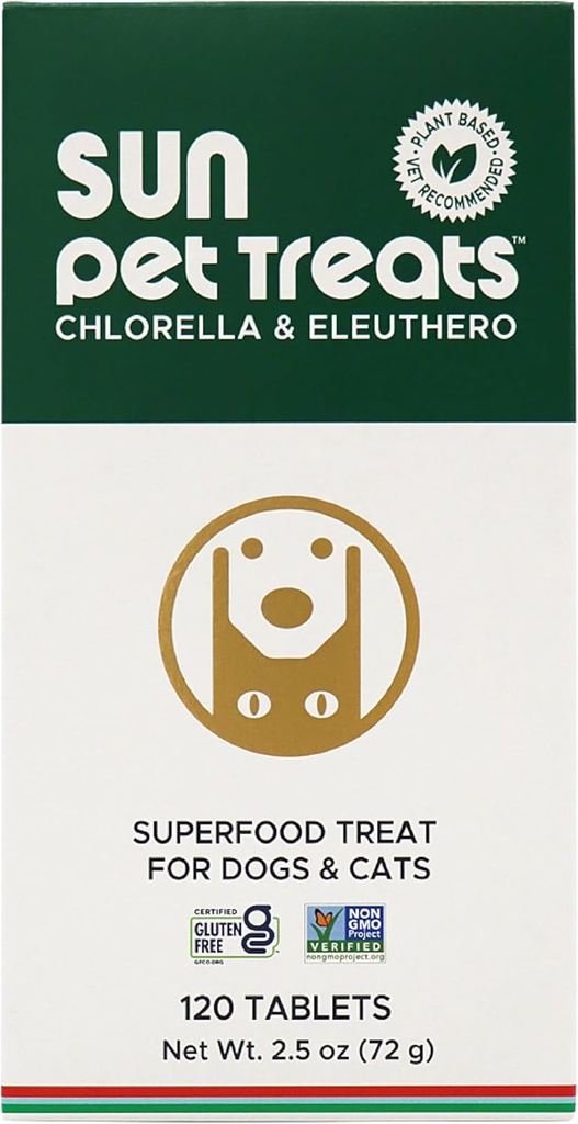 Sun Chlorella Sun Pet Treats Green Superfood Cat & Dog Suplemento - Clorophyll Eleuthero & Lecithin, Minerals, Antioxidantes & Vitaminas para perros & gatos - Defensa Inmune, Skin & Gut Health - 120 Bites