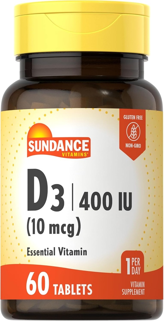 Sundance Vitamina D3 400 UI (10 mcg) Silencio 60 Tablets Vegetarianos ← Vitamina Esencial Suplemento Silencio Vegetariano, No GMO, y Fórmula Libre Gluten