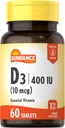 Sundance Vitamina D3 400 UI (10 mcg) Silencio 60 Tablets Vegetarianos ← Vitamina Esencial Suplemento Silencio Vegetariano, No GMO, y Fórmula Libre Gluten