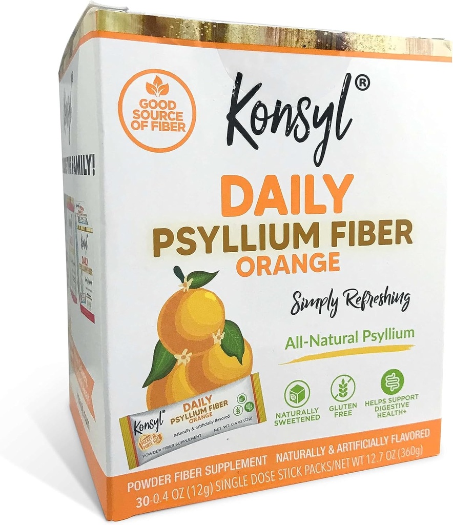 Konsyl Daily Fiber Orange 100% Natural Psyllium Husk Powder - Naturalmente endulzado - Gluten Free - 30 Stickpacks individuales