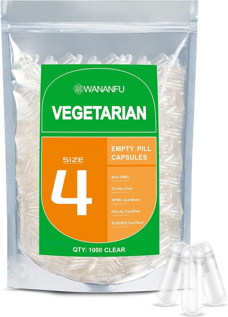 wananfu Tamaño 4 Empty Capsules Vegetarian (1000 Conde), Clear Fillable Veggie Pill Capsules Tamaño 4 para hacer sus propios suplementos