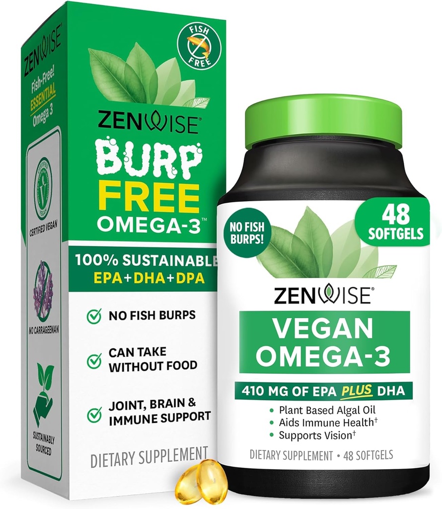Zenwise Health Vegan Omega 3 Suplemento - Suplemento Burpless Omega 3 con DHA, EPA & DPA Ácidos grasos para la salud inmune - Aceite de pescado Alternativa de aceite de algas marinas de origen sostenible - 48 Softgels