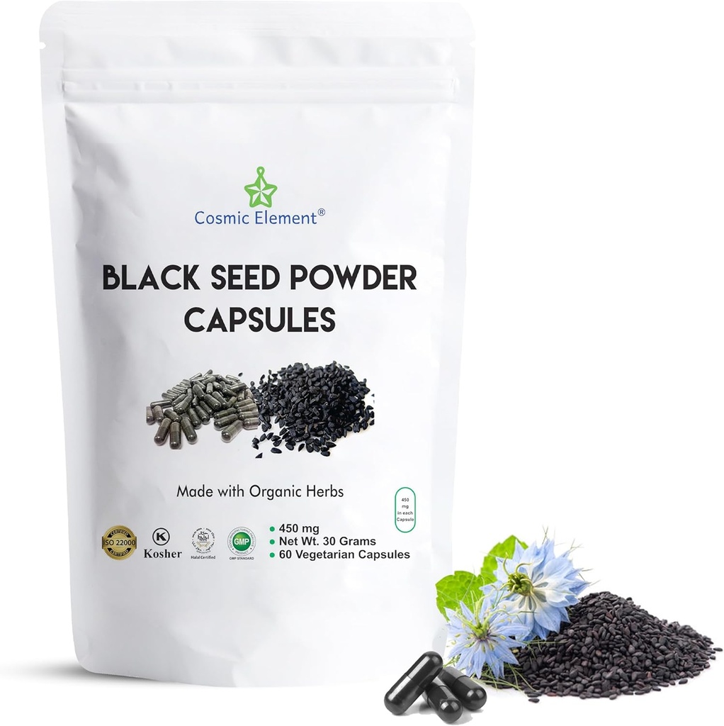 100% Pure Black Seed Powder Capsules Orgánico - Vegan Nigella Sativa 450mg Semillas negras por Serving- for Health - 60 cápsulas
