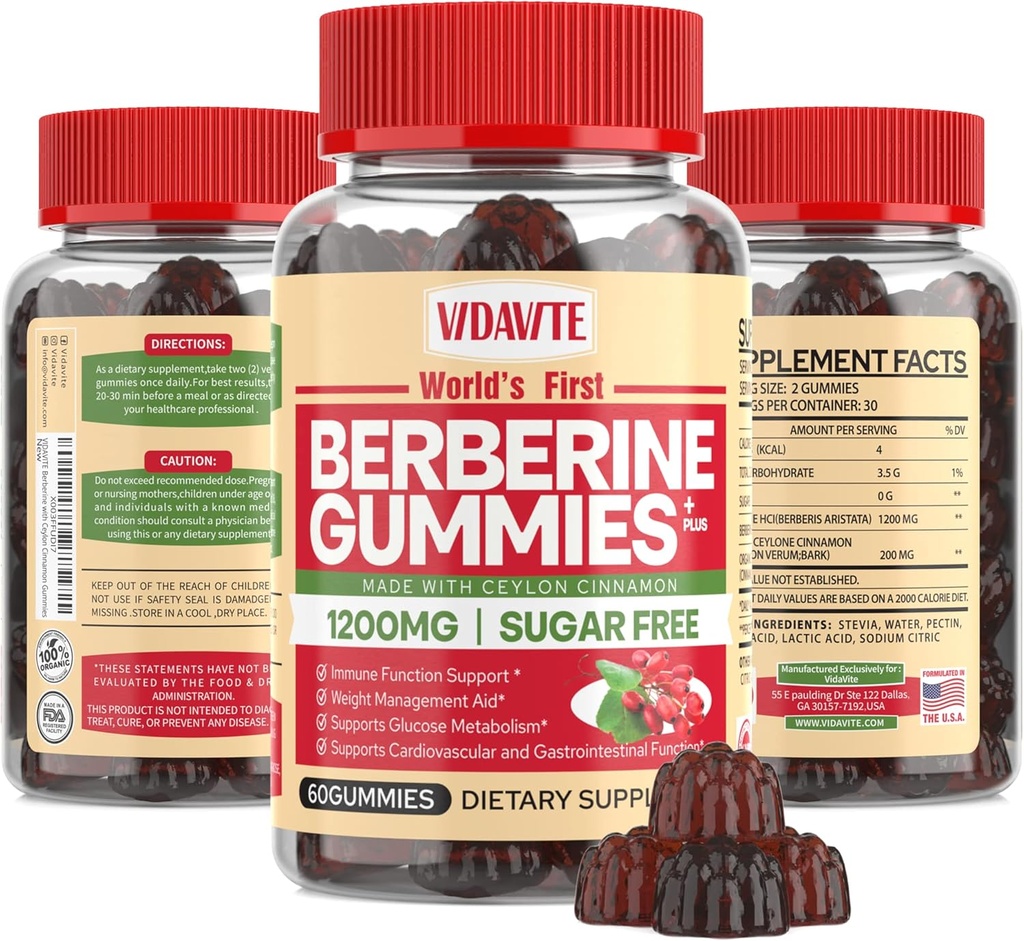 Berberina con gomas de canela de Ceylán — sin azúcar, 98% Pura & 10x Absorción — 1200 mg HCL Suplemento de bereberina orgánica para la gestión del peso, inmunidad, metabólico & salud digestiva(30 días)
