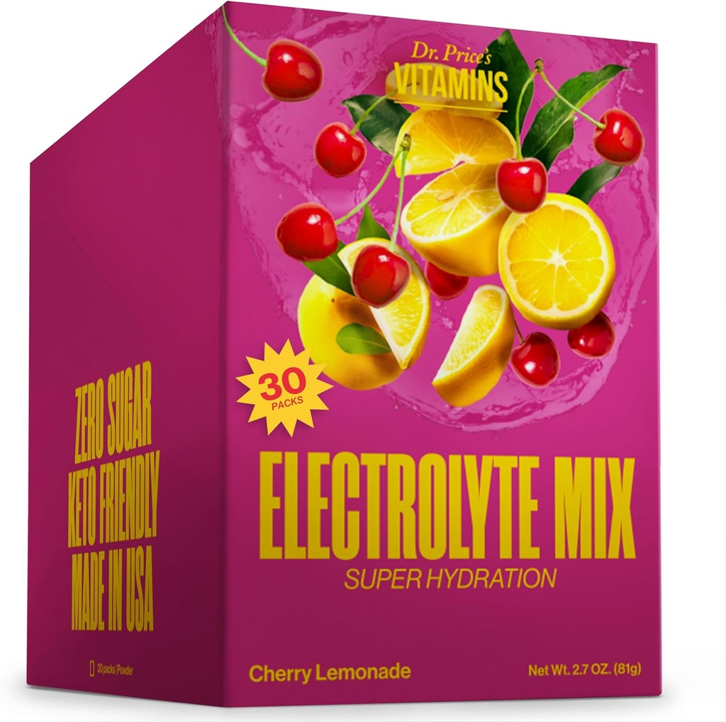 Dr. Price's Electrolyte Mix ← Polvo de hidratación libre de azúcar con 72+ Trace Minerals ← No Azúcar, Electrolitos de resolución rápida Embalajes de polvo ¦ Cherry Lemonade (30 Packs)