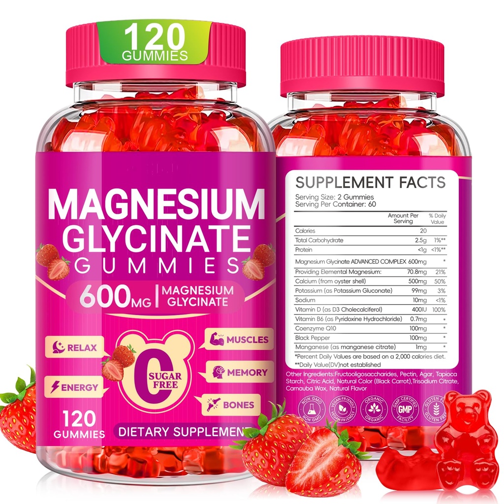 Magnesio Glycinate Gummies 600mg, Azucar Chewable Gummies de Magnesio con Glycinate de Magnesio, Vitamina D, B6 y CoQ10 para el sueño, relajación, cerebro y músculo, 60 días de suministro