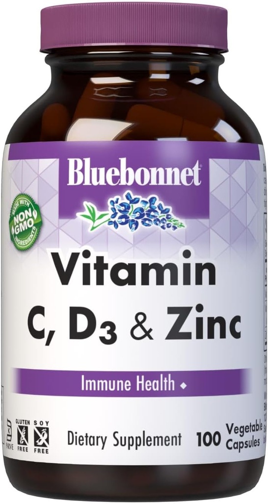 Bluebonnet Nutrition Vitamina C, D3 & Zinc, para la función de salud y respiratoria inmunitaria*, libre de soja, libre de gluten, no GMO, certificado Kosher, libre de lácteos, 100 cápsulas vegetales, 100 piezas