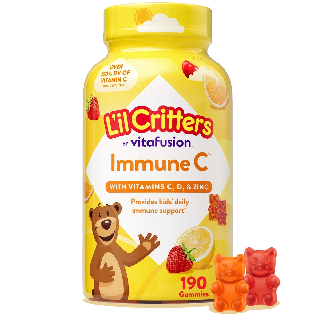 L’il Critters Immune C Daily Gummy Supplement Vitamin for Kids, for Vitamin C, D and Zinc for Immune Support, Orange, Lemon, Strawberry and Cherry Flavors, 190 Gummies (Packaging May Vary)