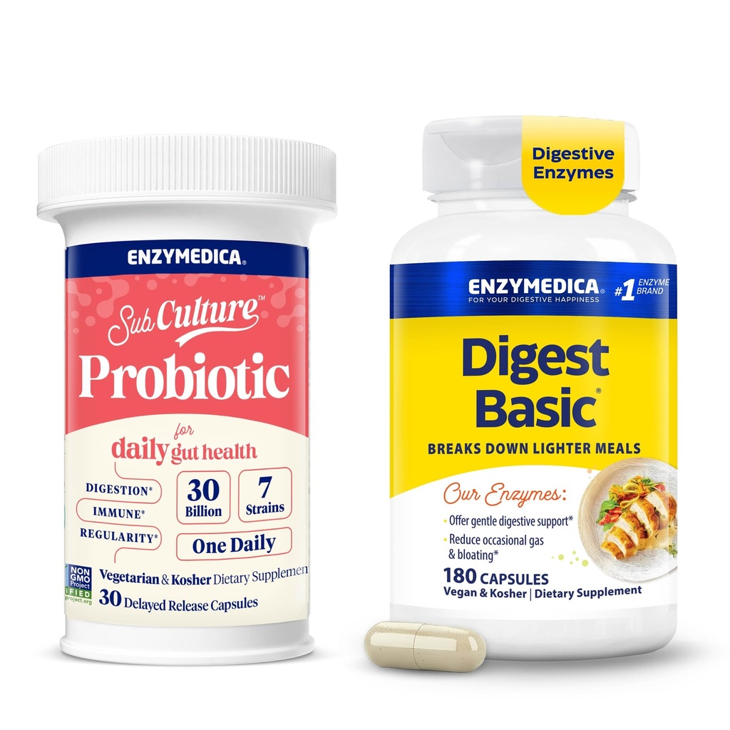 Enzymedica Digest Basic & SubCulture Probiotic for Daily Gut Health - Digestive Enzyme Supplement for Women & Men, Helps Gas & Bloating, Probiotic Capsules 30 Billion CFU - Pack of 2