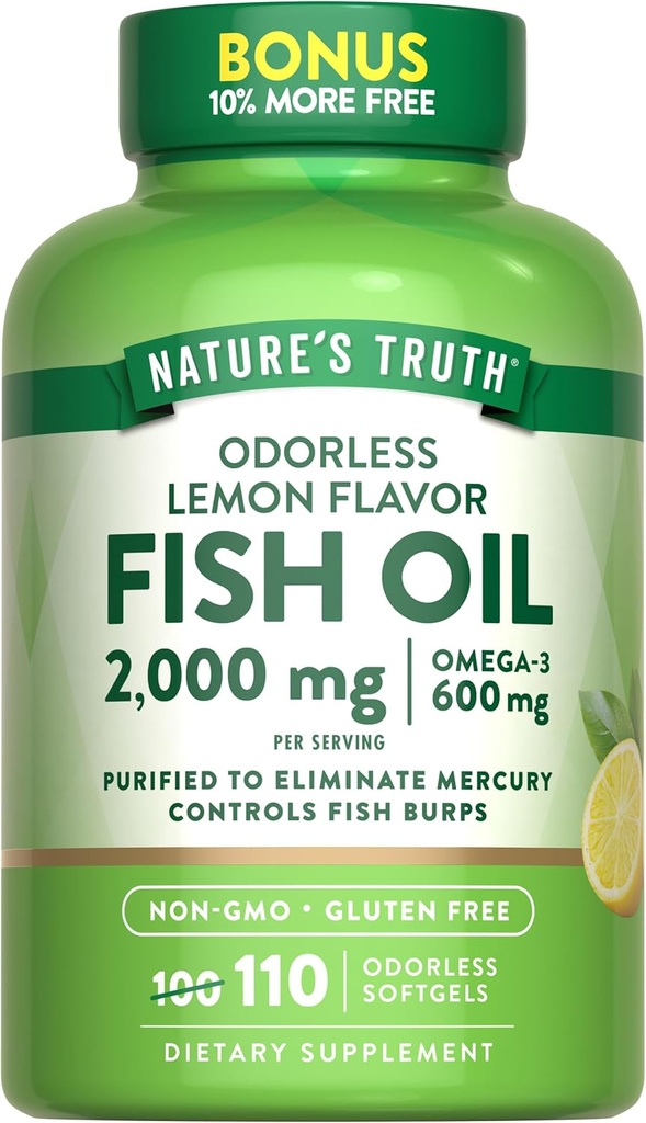La verdad de la naturaleza Fish Oil 2000mg ← 110 Softgels ← Omega-3 Silencio Lemon Flavor tóxico Non-GMO & Gluten Free Supplement