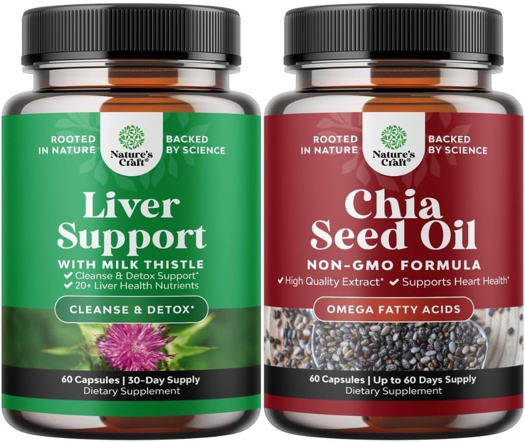 Bundle of Milk Thistle Liver Support Supplement and Chia Seed Oil Extract Capsules - Herbal Liver Supplement with Silymarin Milk Thistle - Plant Based Omega 3 6 9 Suplemento
