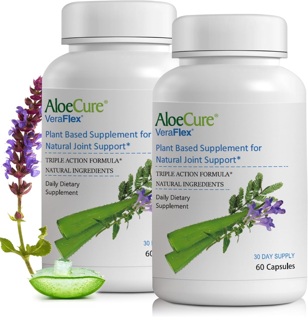 AloeCure VeraFlex Suplemento Natural de Salud Conjunta con USDA Organic Aloe Vera - Cápsulas de base vegetal para soportar el confort conjunto, la movilidad y la flexibilidad - 60 cápsulas x 2 tls