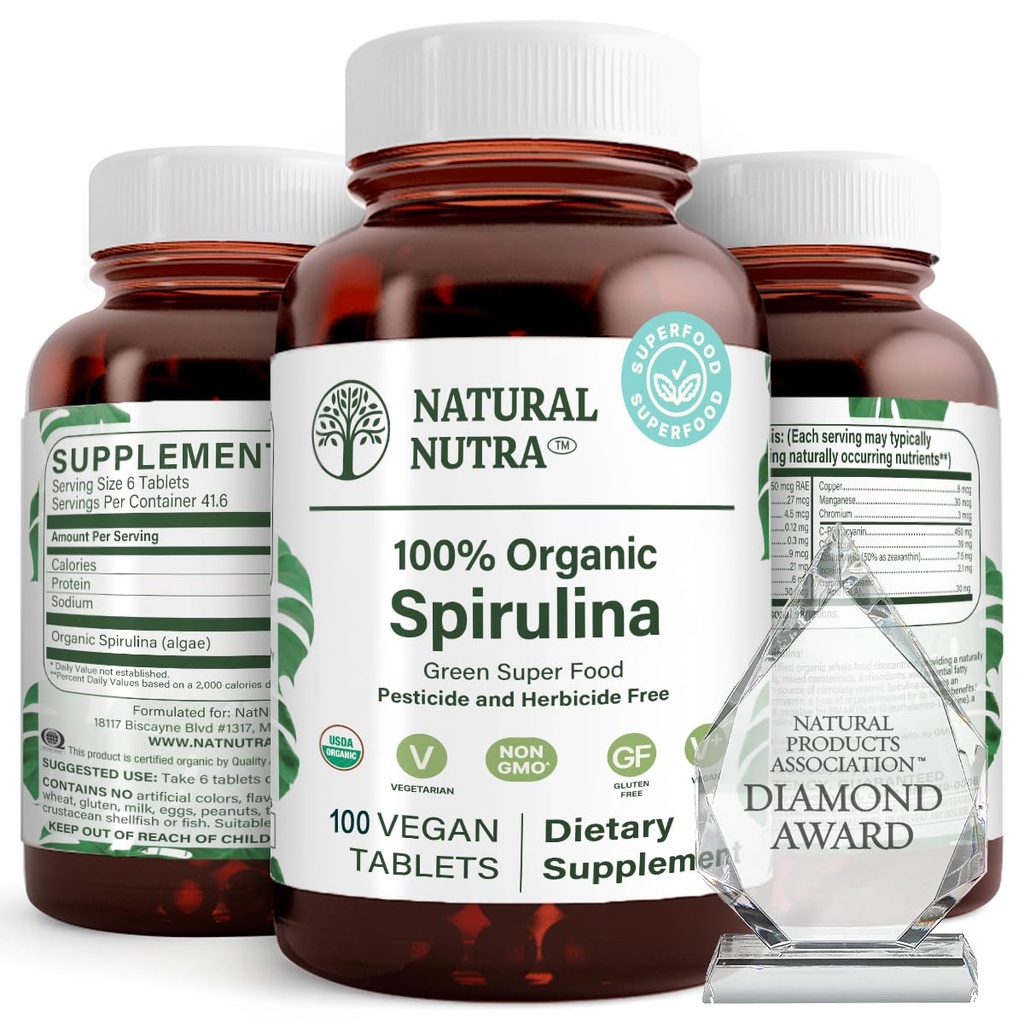 Natural Nutra 100% USDA Organic Spirulina Tablets, Helps Maintain Body Fats, Promotes Liver Health, Promotes Immune System, Helps Improve Metabolism, Promotes Immunity, 300mg, 100 Vegan Tablets