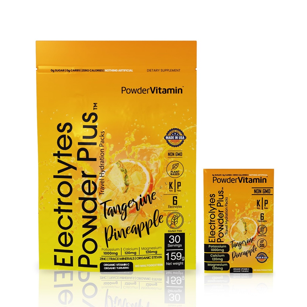 PowerVitamin Electrolytes Powder Packets - Tangerine Pineapple - Keto Electrolytes for Daily Energy - Hydration Powder with 1000mg Potassium, 120mg Magnesium, Zero Calories - 30 Hydration Packets