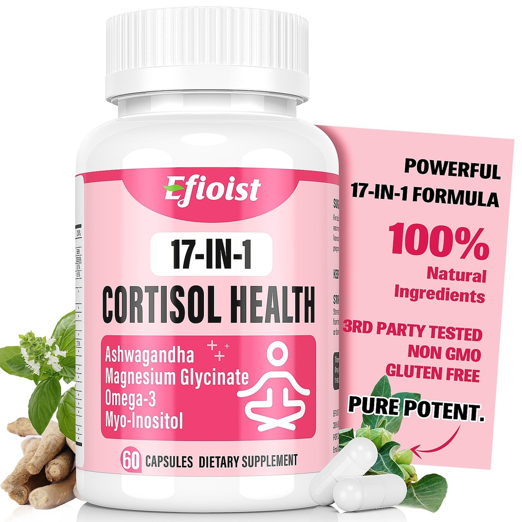 Cortisol Supplement for Women, 17-in-1 Hormone Harmony for Women, Cortisol Reducer with Ashwagandha, Rhodiola Rosea, Magnesium Glycinate, Omega-3, for Mood, Focus, Sleep Support, 60 Capsules