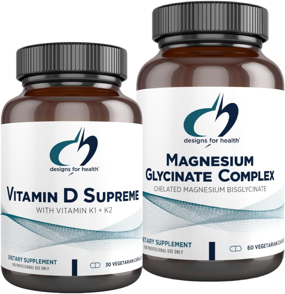 Diseños para Diseños para Salud Magnesio Complejo Glycinate (60 cápsulas) & Vitamina D Supreme (30 Softgels) - Magnesio de alta absorción con 5000 UI Vitamina D3 y Vitamina K2 / K1 - Hueso, Inmune & Mood