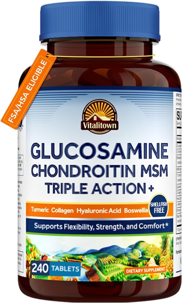 Vitalitown Glucosamine Chondroitin MSM TENIDO Triple Action+ Suplemento TEN Turmeric, Collagen, Boswellia, Hyaluronic Acid TEN 12 Ingredientes para Flexibilidad & Movilidad TEN 240 Tablets, No Shellfish