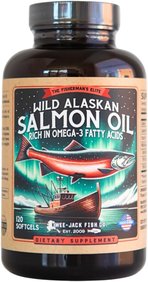 Wild Alaskan Salmon Fish Oil Omega 3 Suplemento para los seres humanos TENIDO EPA y DHA TENIDO Kwee-Jack Fish Co. TEN 120 Softgels 1000mg Salmon Aceite