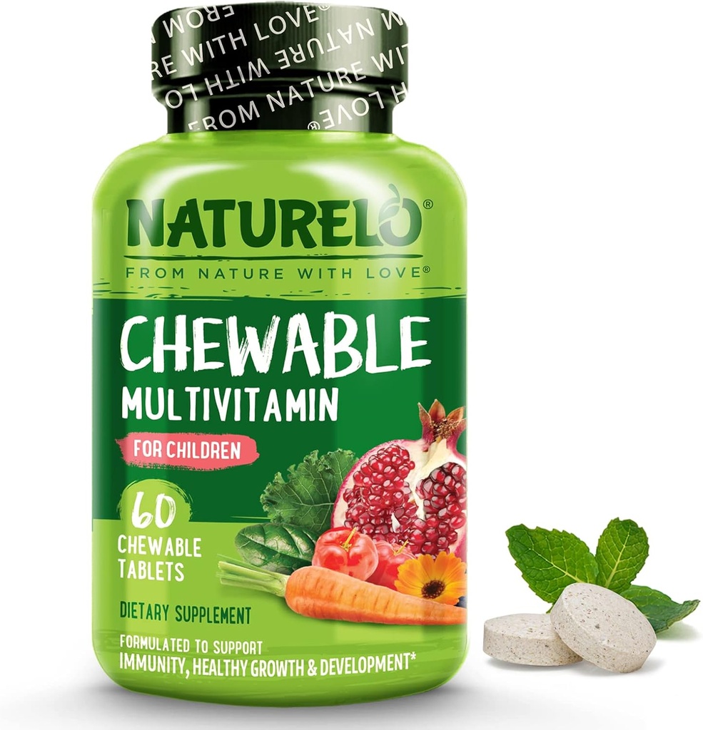 NATURELO Multivitamínico Chewable para niños - con vitaminas & minerales, Alimentos completos Cepillo de frutas orgánicas - Vegan, Suplemento vegetariano para niños - 60 tabletas