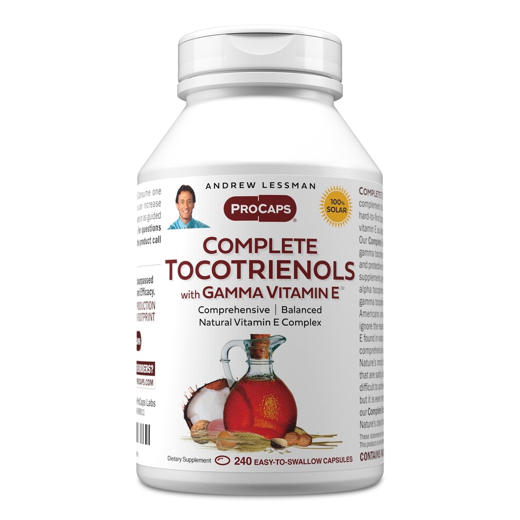 ANDREW LESSMAN Complete Tocotrienols with Gamma Vitamin E 240 Softgels - Ocho formas de vitamina E (Alpha, Beta, Gamma, Delta Tocopherols y Tocotrienols). Potente antioxidante. No hay aditivos