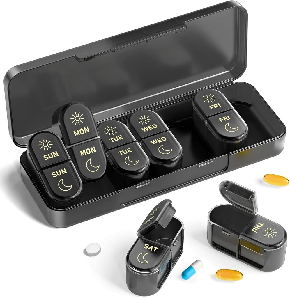 AM &amp; PM Organizador de píldoras 7 días, caja semanal de píldoras 2 veces al día, caja de píldoras 7 días, organizador de píldoras para viajes, vitaminas, aceites de pescado, suplementos