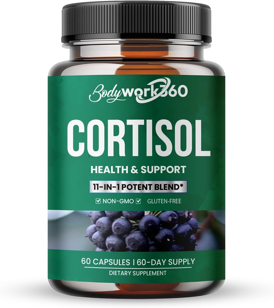 Cortisol Health & Support for Hormone Balance, Sound Sleep, Focus, Mood & Stress support - Contiene Ashwagandha, L-theanine, Rhodiola Extracto Rosea Root - Sin gluten, Vegan, No GMO - 60 cápsulas.