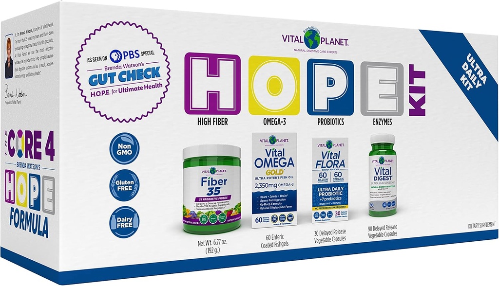 Vital Planet – Gut Check Hope Formula Kit de Brenda Watson - 4 Paquete de Producto con Ultra Daily Probiotic 30 Cap, Fiber 35 Powder 6.7oz, Vital Omega aceite 60 Softgels, y enzima digestiva 90 Cap