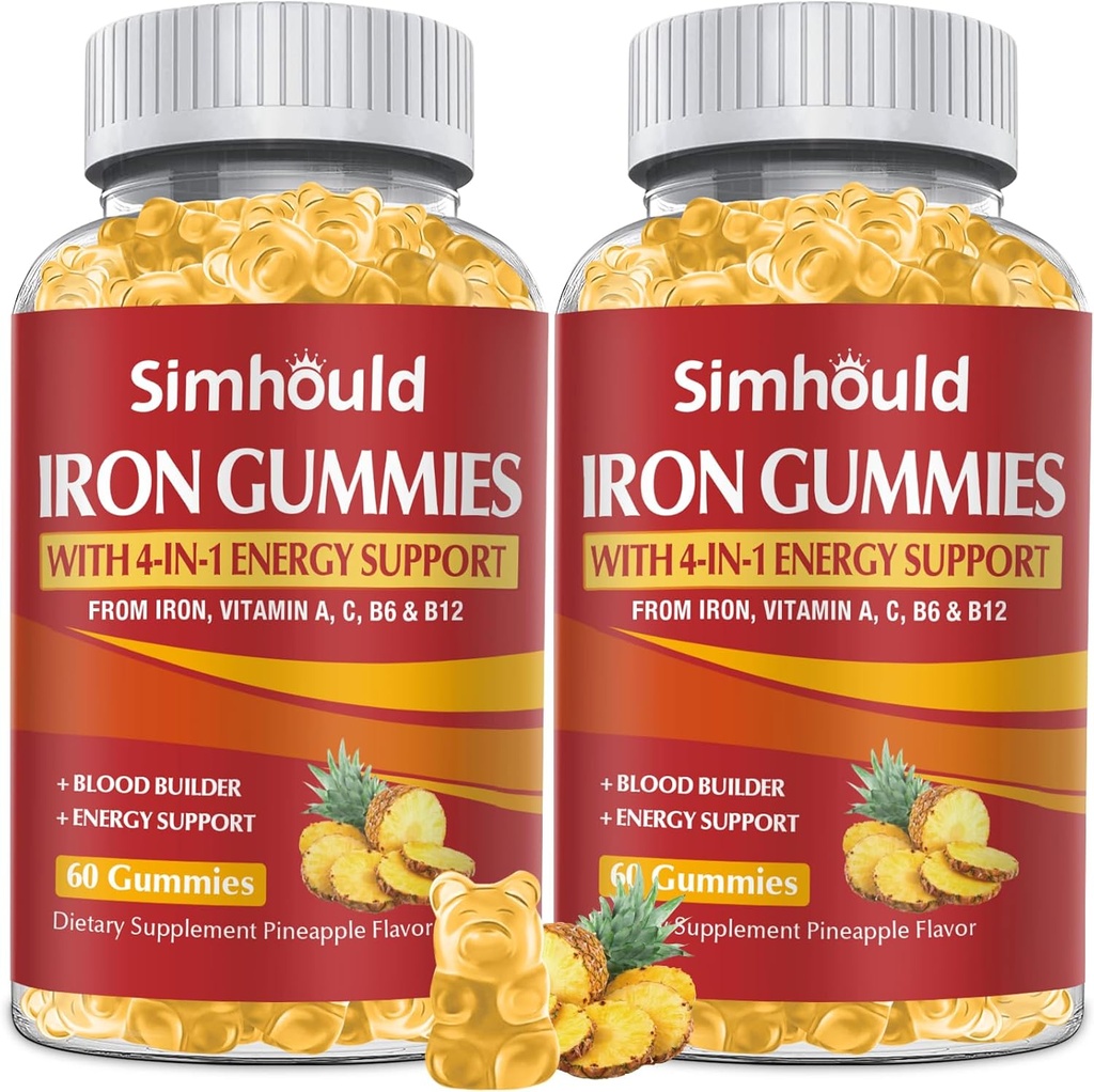 2 Pack Vegan 80MG Iron Suplemento Gummies for Women & Men - Vitamina A, C, B para adultos & niños - Blood & Builder & Energy Support for Iron Deficiency, Anemia, 120 Condes Pineapple Flavor Gummies