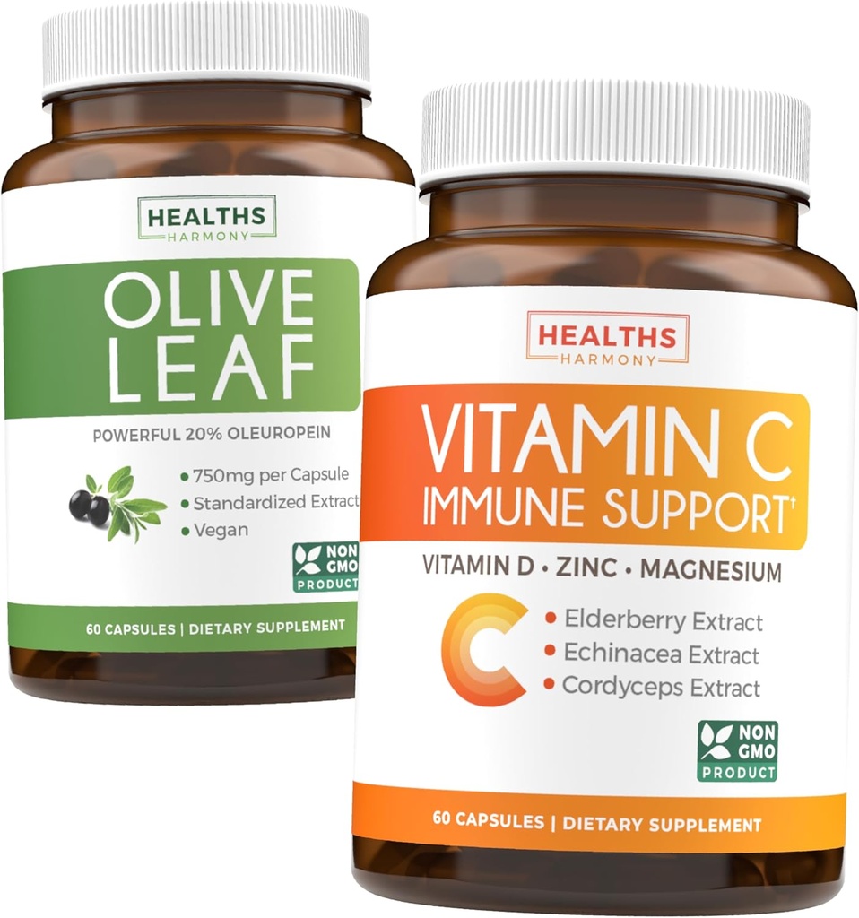 Guardar $4 (12% de descuento) - Herbal Immune Bundle - Oliva Leaf Extracto (No-GMO) Super Fuerza: 20% Oleuropein 750mg caps y Immune Support - Vitamina C con Zinc, Vitamina D, Elderberry & Echinacea (No-GMO)