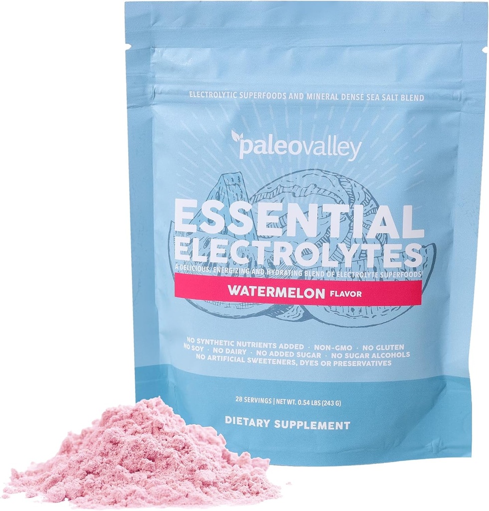 Paleovalley Essential Electrolytes Powder - Full Spectrum Watermelon Polvo de electrolito para la hidratación, la energía y la recuperación del músculo - No azúcar Añadido - 28 piezas