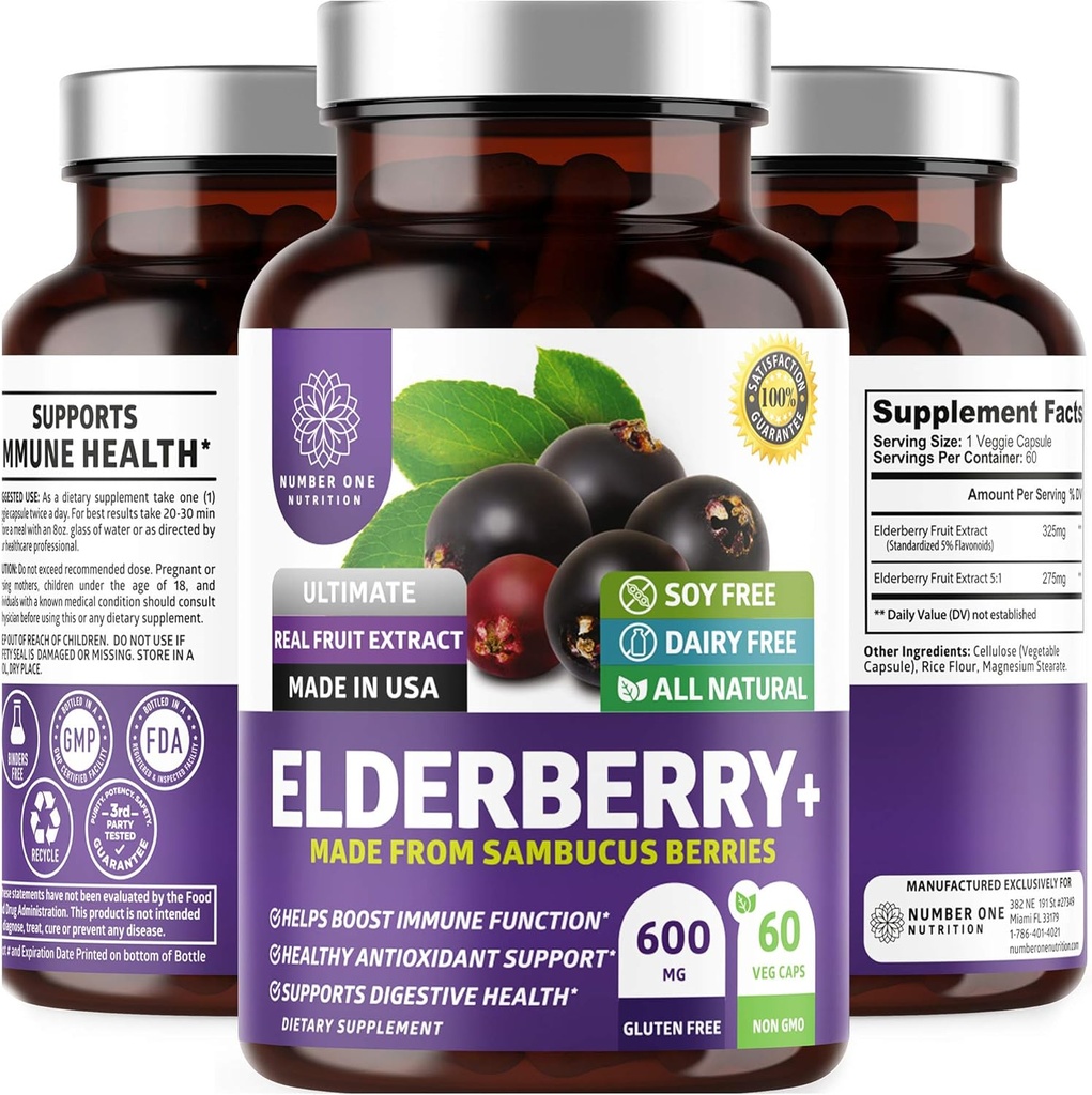 Cápsulas Premium de Elderberry N1N para Adultos [Max Strength] Elderberry Pura y Potente de Sambucus Nigra para apoyar la salud de la inmunidad y la piel, no GMO, Gluten Free, 60 Cápsulas de Veg