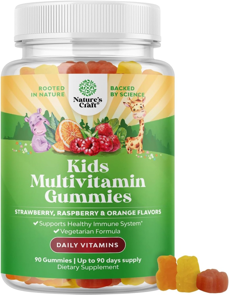 Mangas multivitamínicas para niños con base en plantas - Multivitamínico para niños Apoyo inmunológico con vitaminas A, C, D3, E, B6 & B12, Zinc & Iodine - Vitaminas para niños Fórmula cultivable para una salud fuerte - 90 Cuenta