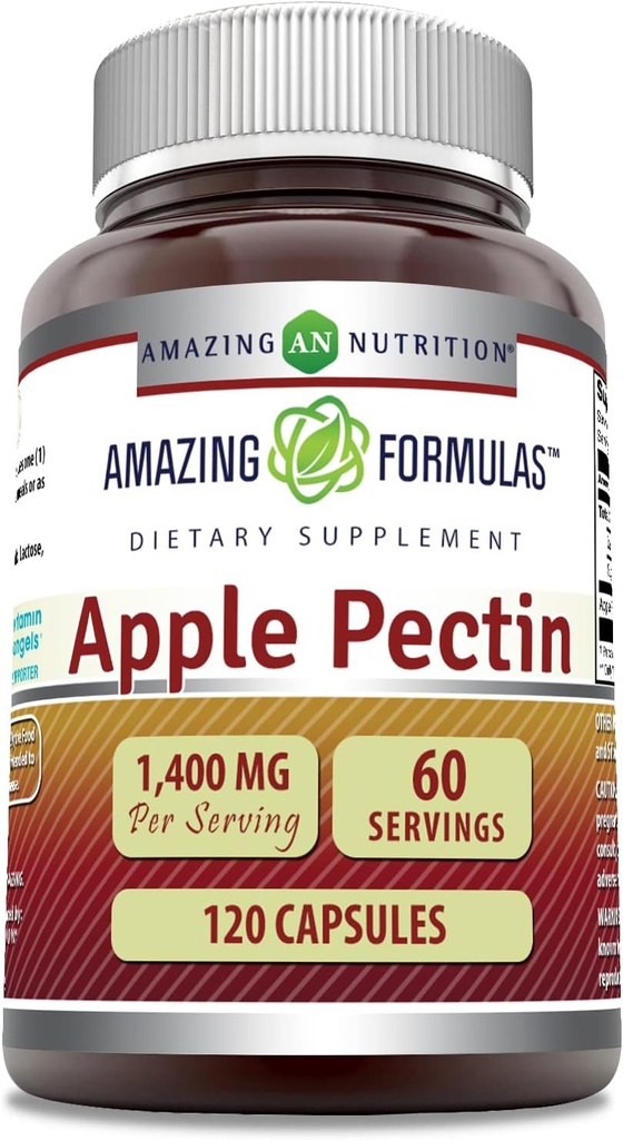 Fórmulas asombrosas Apple Pectin 1400 Mg Suplemento Silenciosos Silenciosos No-OMG Silenciosos Libres de gluten Made in USA (1 Pack Silencio 120 Conde)