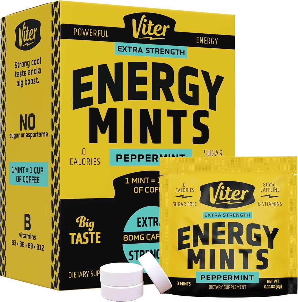 Viter Energy Caffeine Mints 80mg Extra Strength - 90 piezas asfixiadas con vitaminas B. Sugar Free Vegan Breath Mint. Energize Nootropic Focus Booster for Fast Alertness (Peppermint Flavor, 30 Pack)