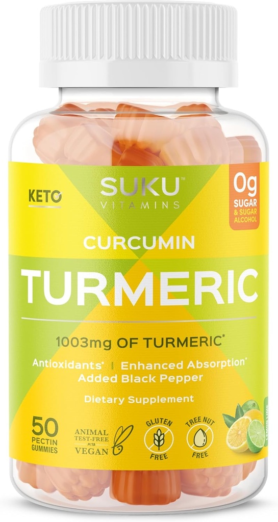 Turmeric Curcumin Sugar Gummies gratis con 1003 mg de Turmeric - Black Pepper protege el hígado, mejora la digestión, respuesta de inflamación " salud conjunta – Lemon Lime Flavour (50 Gummies)