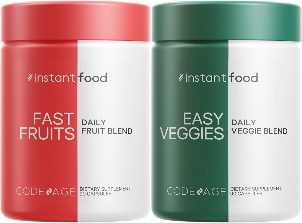 Codeage Instantfood Veggies fáciles + Frutas rápidas Vitaminas Bundle, 30+ Verduras diarias & Frutas Polvos, Verde integral de alimentos, Multivitaminas, fibras, Superalimentos vegetarianos Suplemento - 180 cápsulas