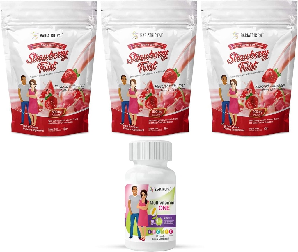 BariatricPal 90-Day Bariatric Vitamin Bundle (Multivitamin 1 por día! Cápsula con 45 mg de hierro y calcio Citratos suaves 500 mg con Probióticos - Twist de fresa)