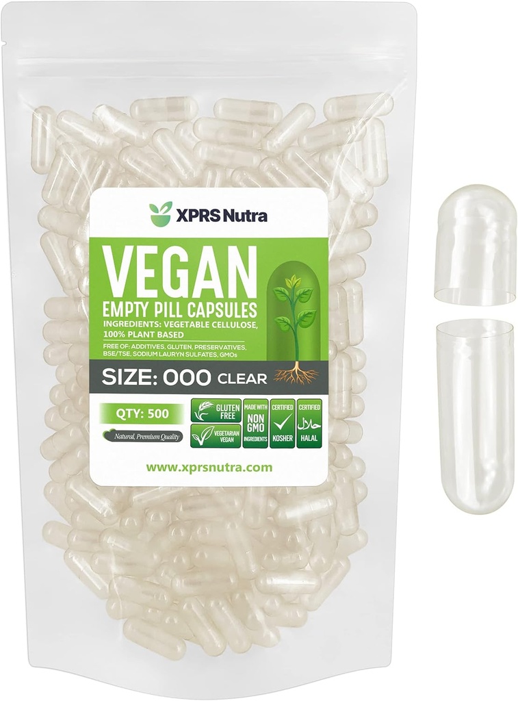 XPRS Nutra Vegan Size 000 Empty Capsules - 500 Cuentas Clear Empty Vegan Vegetarian Empty Pill Capsules - DIY Vegetal Capsule Filling - Veggie Caps Pills