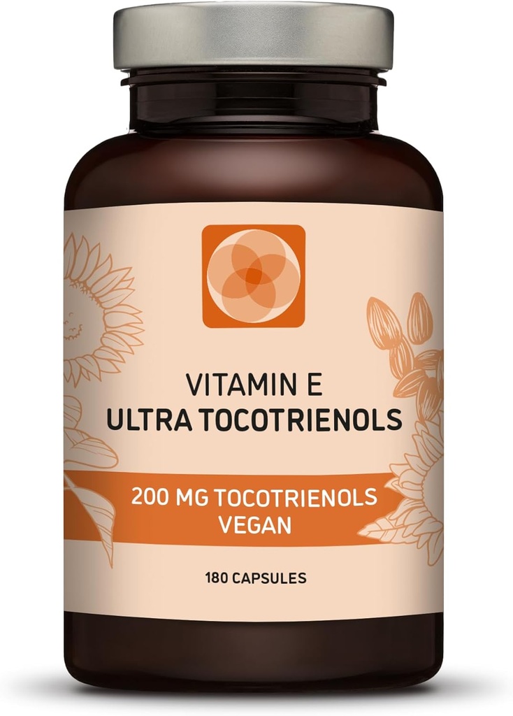 Ultra Tocotrienol 200mg Vitamina E Vegan – Todos los 4 tocotrienols - Alpha Tocotrienol + Beta Tocotrienol + Gamma Tocotrienol + Delta Tocotrienol – No Tocopherols (180)
