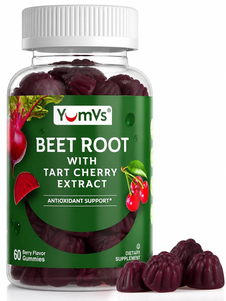 Gotas de remolacha de YUM-V con extracto de cereza de tarta - Gummies de remolacha de Berry Flavor - Cerdos de remolacha para la circulación sanguínea y soporte antioxidante - Cervezas rojas Gummies (Conteo 60 de cereza)