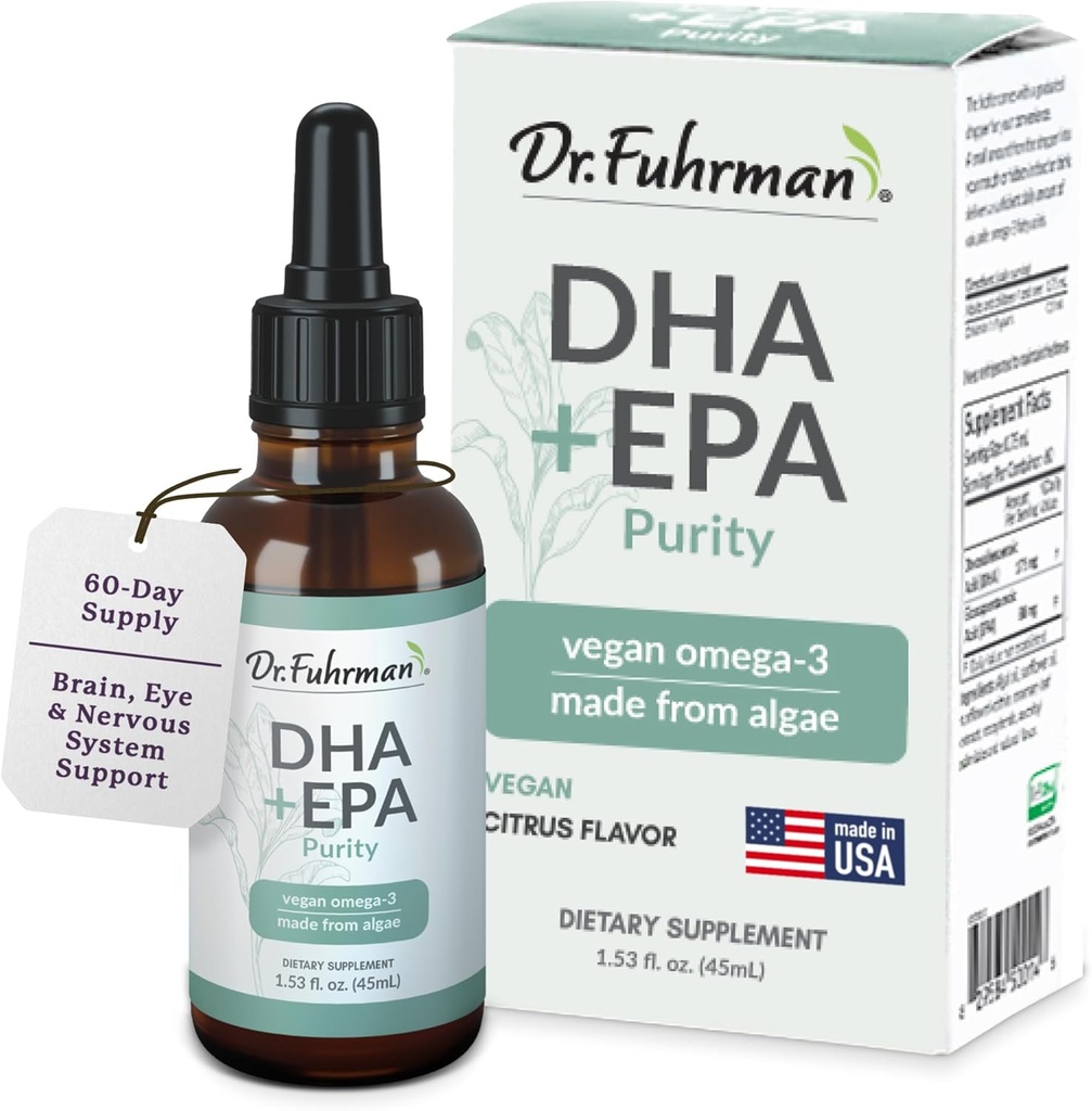 Dr. Fuhrman Vegan Omega 3 Purity Liquid Supplement Silencio Hecho de Lab-Grown Algae ← Nuestra Omega 3 Suplemento está refrigerado en Almacén hasta que se desliza Silencioso Citrus Flavor 60 Servimientos