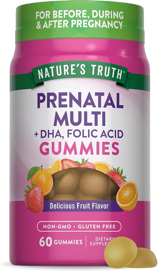 La verdad de la naturaleza Gummies multivitamínicas prenatales Silencio con DHA ' Folic Acid Silencio 60 Conde Silencio Fruit Flavor ← No Gluten Suplemento gratuito