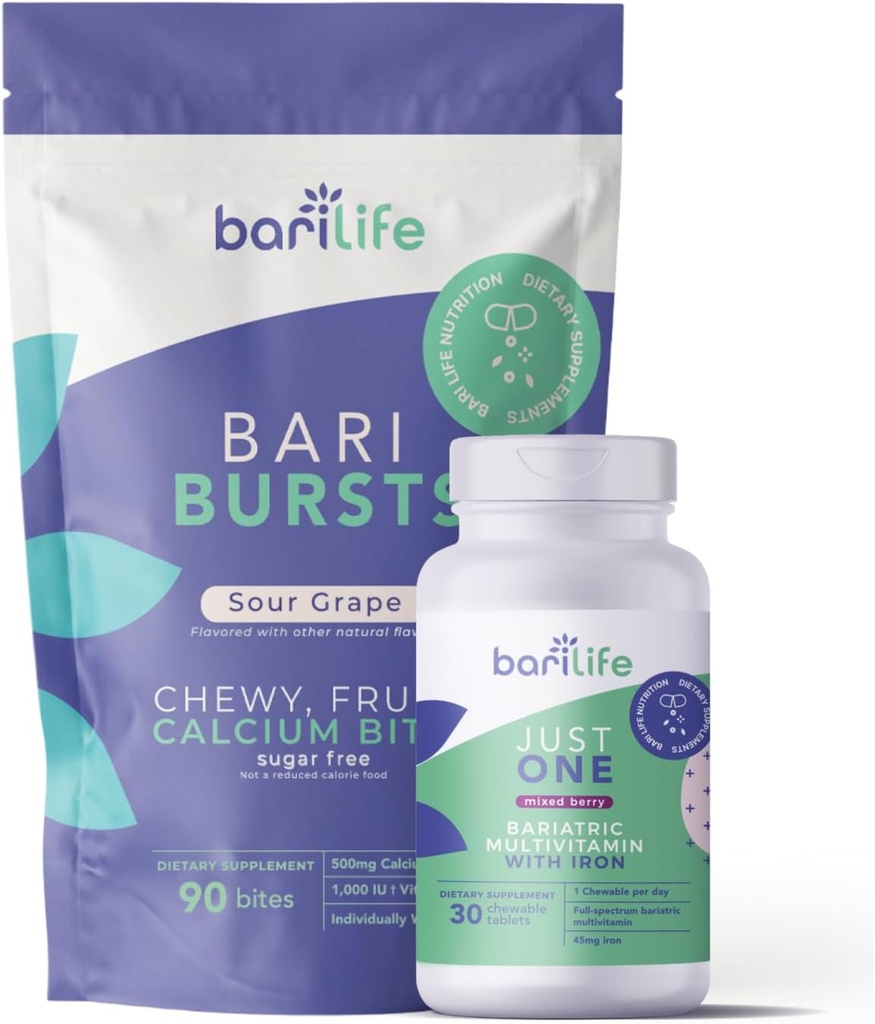 Bari Life Sólo un Chewable: Una vez Daily Bariatric Multivitamin + Iron y BariBurst Calcium Citrate Soft Chews for Gastric Bypass, Gastric Sleeve and Duodenal Switch (Sour Grape)