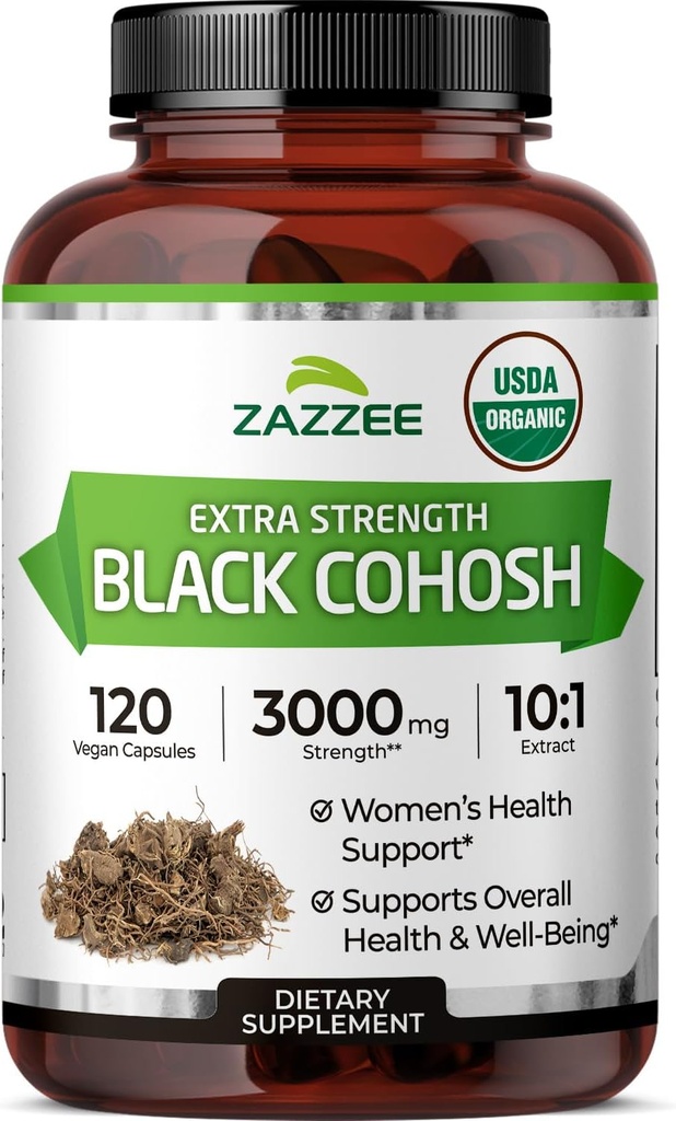 Zazzee USDA Ecológico negro Cohosh 10:1 Extracto, 3000 mg Fuerza, 120 cápsulas vegas, 4 meses de suministro, estándar y concentrado 10X Extracto, 100% vegetariano, todo natural, no transgénico, hecho en los EE.UU.