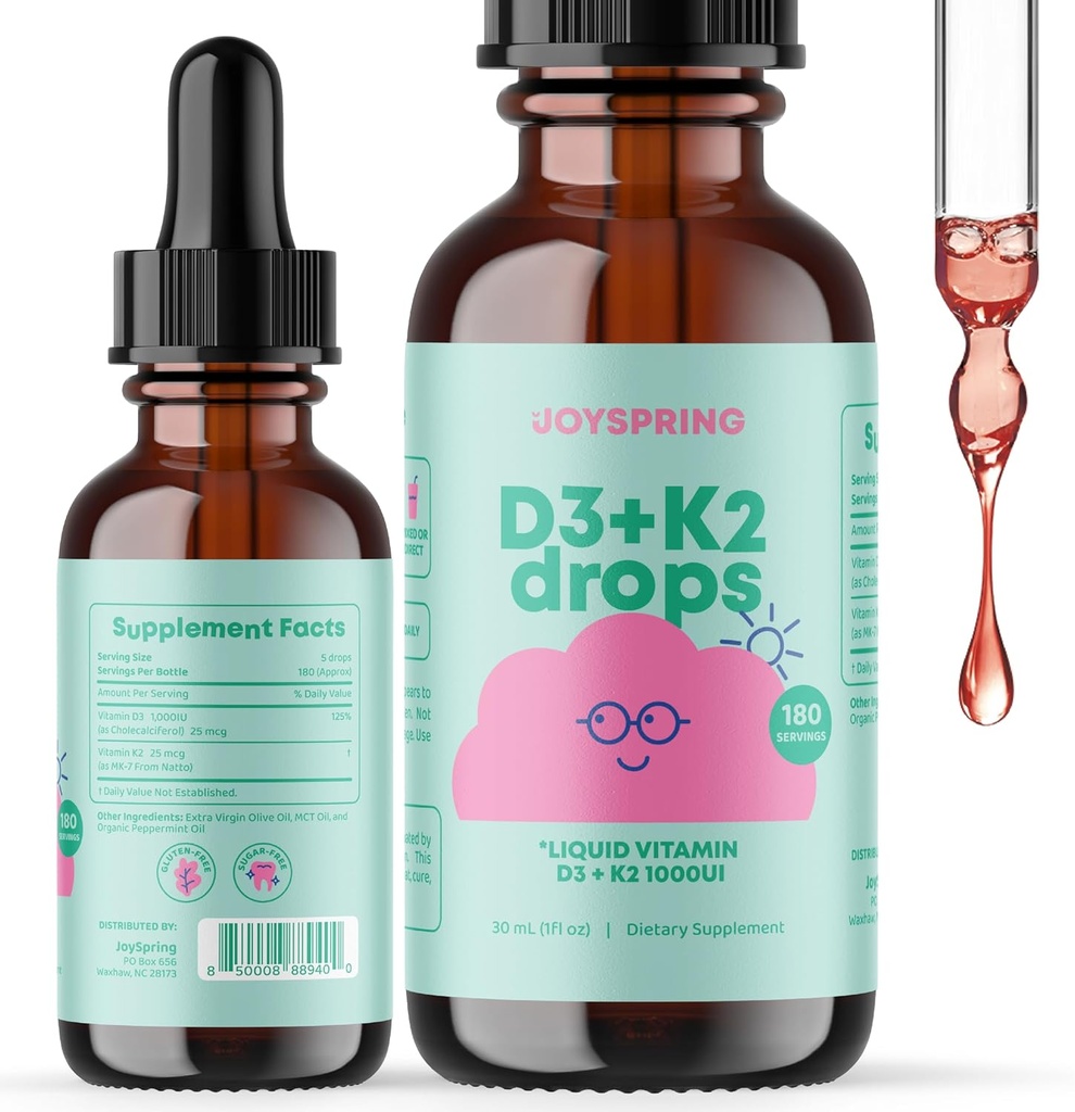 JoySpring Vitamina Líquida D3 con K2 Vitamina D para Niños - Soporte Inmunitario para Niños, Multivitamina diaria con raíz Burdock " Elderberry para niños Booster inmune y suplementos de enfoque natural para niños