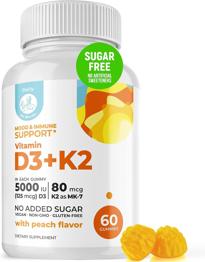 DR. MORITZ Vitamina D3 Gummies (5000 UI) con K2 - para adultos y niños - Vitamina D3 K2 Gummies para el soporte inmunológico & Bone Health - Vegan, Sugar Free, Gluten Free (60 Conteo)