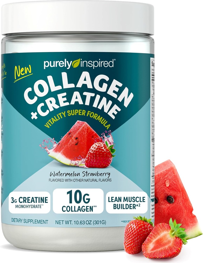 Collagen puramente inspirado y polvo de crema, fresa de sandía - 10g Collagen & 3g Creatine Builds Lean Muscle - Flavored Drink Mix with Key Electrolytes - Gluten-Free & Zero Sugar
