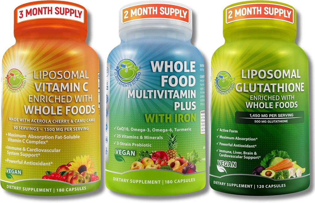 Antioxidante Soporte Agrupo con alimentos integrales orgánicos – Comida integral vegano multivitamínico con hierro + vitamina lipomal C 1500mg " Liposomal Glutathione 500mg – Vegan, Clean Daily Wellness Support