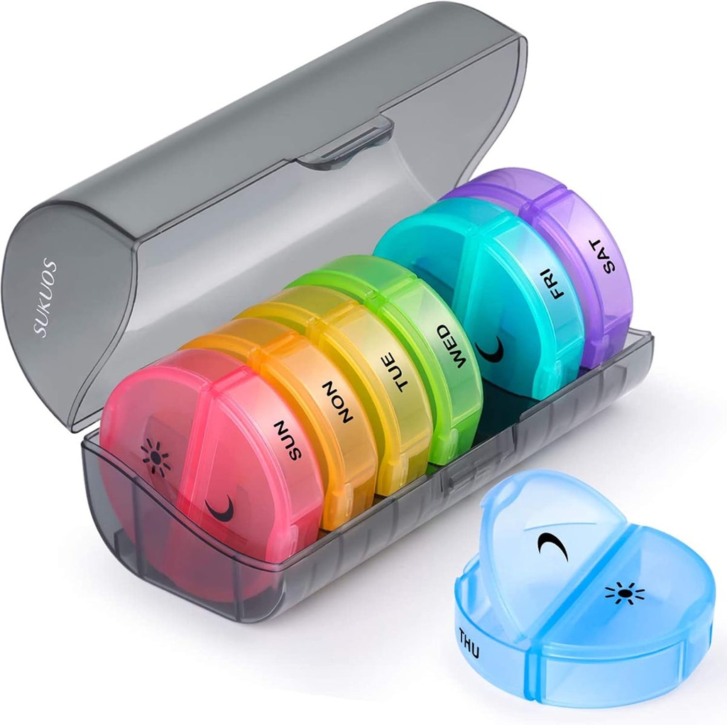 Sukuos gran organizador semanal de píldoras 2 veces al día, Daily Pill Box 7 Día Fácil de abrir con doble protección, AM PM Caso de píldora para la medicina/Vitamin/Fish Oil/Supplements